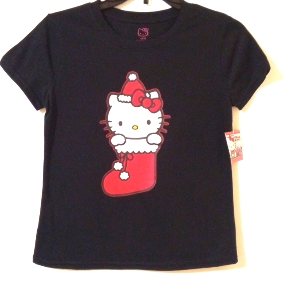 HELLO KITTY BLACK RED CHRISTMAS STOCKING TEE SHIRT SIZE 14/16 NWT